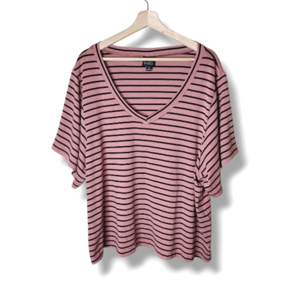 Oak & Trellis Striped V-Neck Boxy Tee | Pink/Black | Plus 2X - Picture 1 of 7